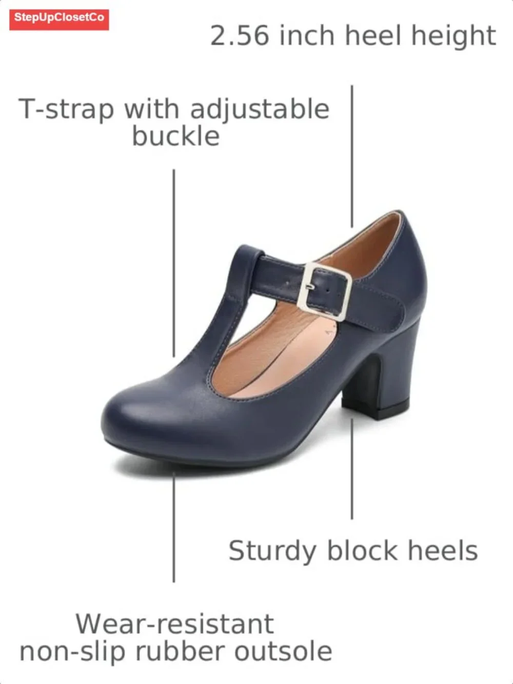 Women's T-Strap Mary Jane Pumps Block Heels Closed Round Toe Ankle Strap Dress